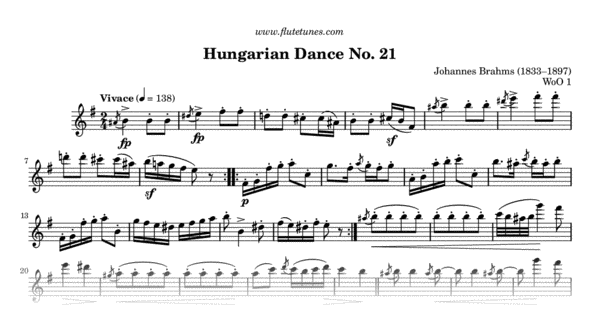 Hungarian Dance No 21 From Ungarische Tänze J Brahms Free Flute Sheet Music 0862