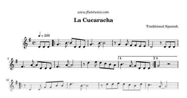 La Cucaracha (Trad. Spanish) - Free Flute Sheet Music