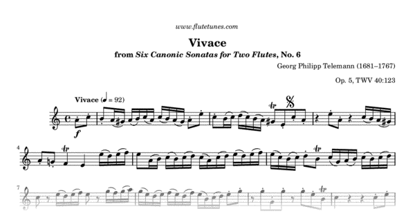Vivace From Six Canonic Sonatas For Two Flutes No 6 Gp Telemann Free Flute Sheet Music 