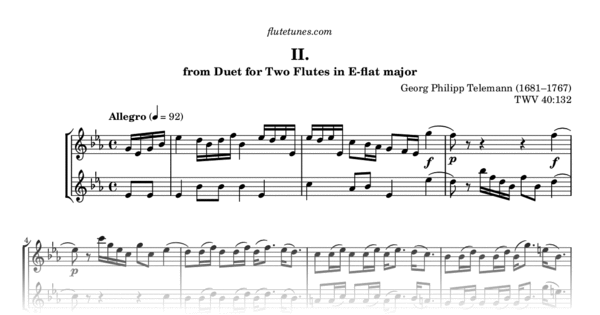 Allegro From Duet For Two Flutes In E Flat Major Twv 40132 Gp Telemann Free Flute Sheet 