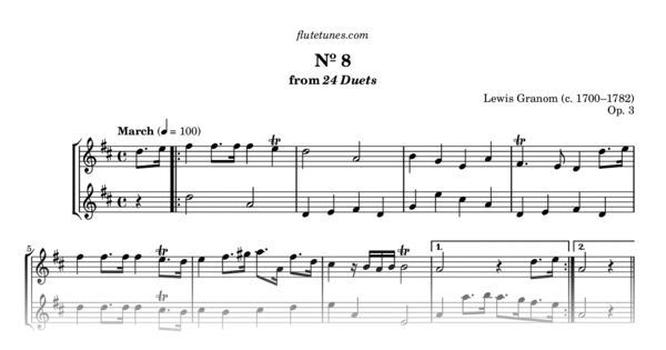 Duet No. 8 in D major from 24 Duets (L. Granom) - Free Flute Sheet ...